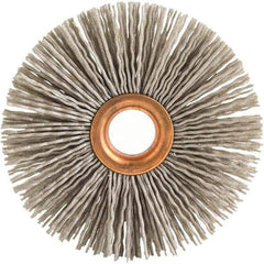 Brush Research Mfg. - 1-1/2" OD, 3/8" Arbor Hole, Crimped Abrasive Nylon Wheel Brush - 5/16" Face Width, 3/8" Trim Length, 20,000 RPM - Exact Industrial Supply