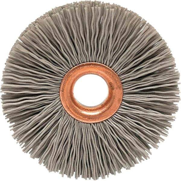 Brush Research Mfg. - 4" OD, 5/8" Arbor Hole, Crimped Abrasive Nylon Wheel Brush - 3/4" Face Width, 1-7/16" Trim Length, 20,000 RPM - Exact Industrial Supply