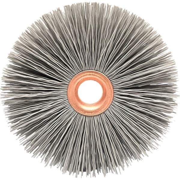 Brush Research Mfg. - 2" OD, 1/2" Arbor Hole, Crimped Abrasive Nylon Wheel Brush - 1/2" Face Width, 1/2" Trim Length, 20,000 RPM - Exact Industrial Supply