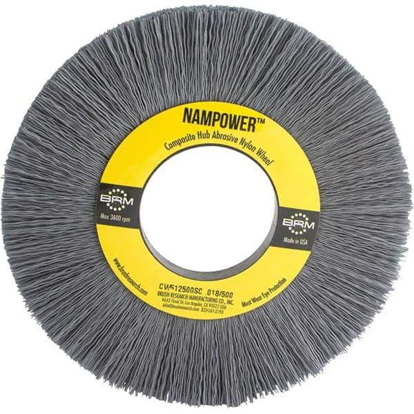 Brush Research Mfg. - 6" OD, 2" Arbor Hole, Crimped Abrasive Nylon Wheel Brush - 1" Face Width, 1-1/2" Trim Length, 3,600 RPM - Exact Industrial Supply