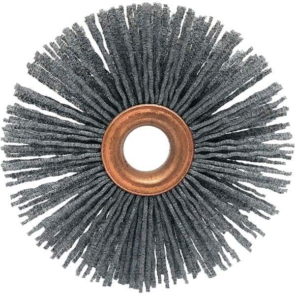 Brush Research Mfg. - 3" OD, 1/2" Arbor Hole, Crimped Abrasive Nylon Wheel Brush - 1/2" Face Width, 1" Trim Length, 20,000 RPM - Exact Industrial Supply