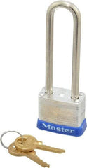 Master Lock - 2-1/2" Shackle Clearance, Keyed Different Padlock - 1/2" Shackle Width, 3/16" Shackle Diam, Laminated Steel - Exact Industrial Supply