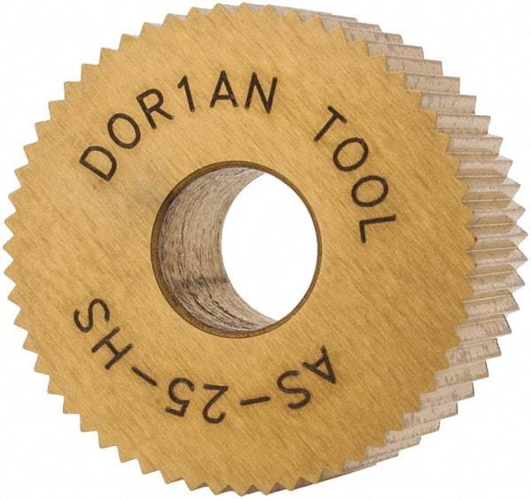 Dorian Tool - 3/4" Diam, 90° Tooth Angle, 25 TPI, Standard (Shape), Form Type High Speed Steel Straight Knurl Wheel - 3/8" Face Width, 1/4" Hole, Circular Pitch, Bright Finish, Series A - Exact Industrial Supply