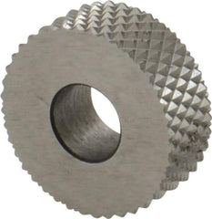 Made in USA - 1/2" Diam, 90° Tooth Angle, 30 TPI, Standard (Shape), Form Type High Speed Steel Male Diamond Knurl Wheel - 3/16" Face Width, 3/16" Hole, Circular Pitch, 30° Helix, Bright Finish, Series EP - Exact Industrial Supply