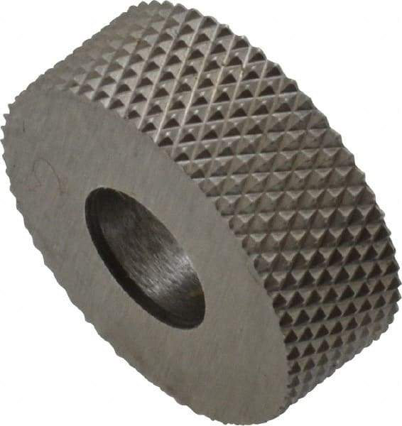 Made in USA - 1/2" Diam, 90° Tooth Angle, 40 TPI, Standard (Shape), Form Type High Speed Steel Male Diamond Knurl Wheel - 3/16" Face Width, 3/16" Hole, Circular Pitch, 30° Helix, Bright Finish, Series EP - Exact Industrial Supply