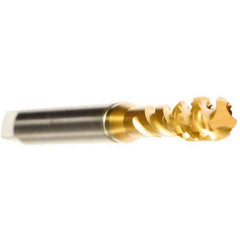 Emuge - M4x0.70 Metric 3 Flute 6H Modified Bottoming Spiral Flute Tap - Cobalt, TiN Finish, 63mm OAL, Right Hand Flute, Right Hand Thread, Series Enorm - Exact Industrial Supply