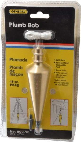 General - 5-3/4 Inch Long, 1-1/2 Inch Diameter Brass Plumb Bob - 16 Ounce, Has Replacable Tip - Exact Industrial Supply