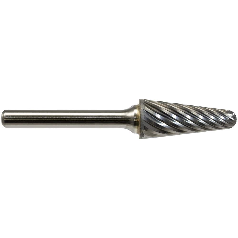 Burrs; Head Material: Solid Carbide; Head Shape: Cone; Tooth Style: Steel Cut; Shank Diameter (Decimal Inch): 1/4; Length of Cut (Inch): 1-1/16; Overall Length (Inch): 2-61/64; Head Length (Decimal Inch): 1.0625; Head Coating: None; Included Angle: 14.00;