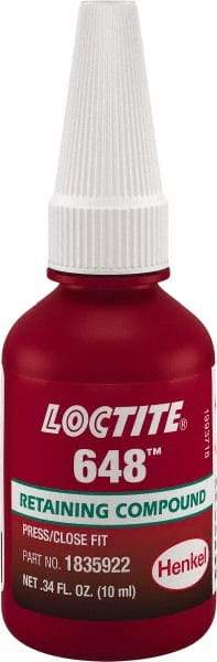 Loctite - 10 mL, Green, High Strength Gel Retaining Compound - Series 648, 24 hr Full Cure Time - Exact Industrial Supply