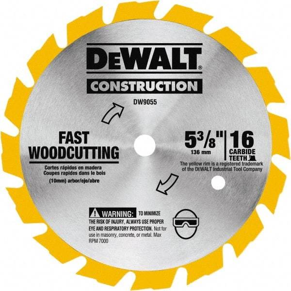 DeWALT - 5-3/8" Diam, 0.3937" Arbor Hole Diam, 16 Tooth Wet & Dry Cut Saw Blade - Tungsten Carbide-Tipped, Fast Cutting Action, Diamond Arbor - Exact Industrial Supply