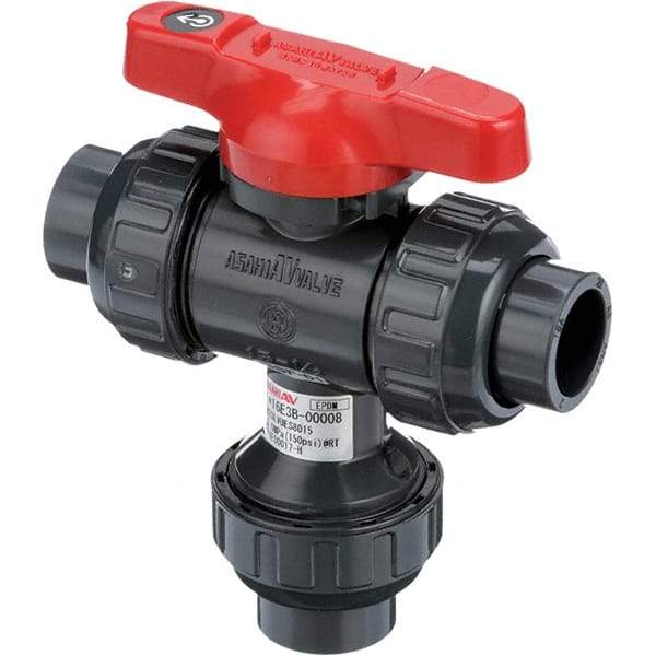 Asahi/America - 3" Pipe, Full Port, PVC Multiport Ball Valve - Three Way, Socket Ends, Tee Handle - Exact Industrial Supply