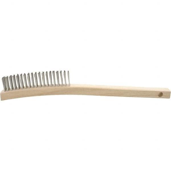Brush Research Mfg. - 4 Rows x 19 Columns Stainless Steel Scratch Brush - 5-3/4" Brush Length, 13-3/4" OAL, 1-1/8 Trim Length, Wood Curved Back Handle - Exact Industrial Supply