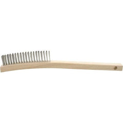 Brush Research Mfg. - 4 Rows x 19 Columns Stainless Steel Scratch Brush - 5-3/4" Brush Length, 13-3/4" OAL, 1-1/8 Trim Length, Wood Curved Back Handle - Exact Industrial Supply