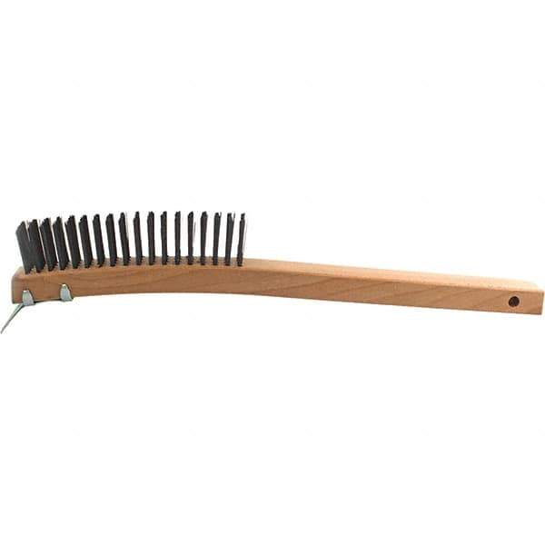 Brush Research Mfg. - 4 Rows x 19 Columns Steel Scratch Brush - 5-3/4" Brush Length, 14" OAL, 1-1/8 Trim Length, Wood Curved Back Handle - Exact Industrial Supply