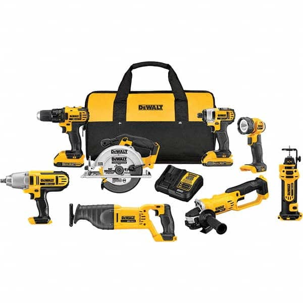 DeWALT - Cordless Tool Combination Kits Voltage: 20 Tools: 1/2" Compact Drill/Driver; 1/4" Impact Driver; 6-1/2 Circular Saw; Reciprocating Saw; 4-1/2"/ 5'' Grinder; Drywall Cut-Out Tool; 1/2" High Torque Impact Wrench; LED Work Light - Exact Industrial Supply