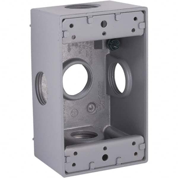 4.57 x 2.816 x 2.148″ Aluminum Rectangular Weather Resistant Outlet Box 1 Gang, (5) 3/4″ Knockouts