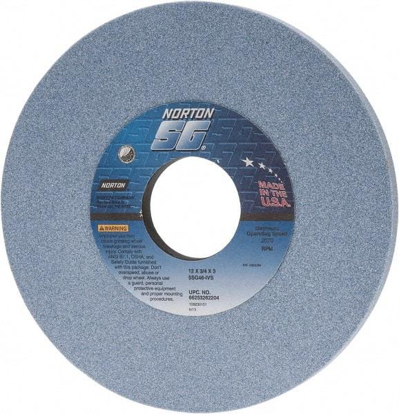 Norton - 12" Diam x 3" Hole x 3/4" Thick, I Hardness, 46 Grit Surface Grinding Wheel - Ceramic, Type 1, Coarse Grade, 2,070 Max RPM, Vitrified Bond, No Recess - Exact Industrial Supply