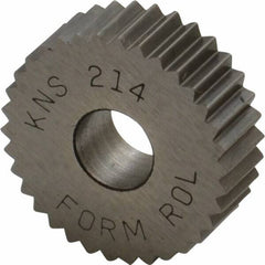 Made in USA - 3/4" Diam, 90° Tooth Angle, 14 TPI, Standard (Shape), Form Type High Speed Steel Straight Knurl Wheel - 1/4" Face Width, 1/4" Hole, Circular Pitch, Bright Finish, Series KN - Exact Industrial Supply