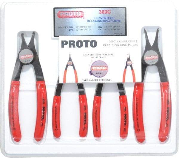 Proto - 4 Piece, 3/8 to 2" Bore, 1/4 to 2" Shaft, Convertible Retaining Ring Pliers Set - 0.038 to 0.07" Tip Diam Range - Exact Industrial Supply