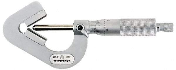 Mitutoyo - 0.05 to 0.6 Inch Measurement, 0.001 Inch Graduation, Accuracy Up to 0.0002 Inch, 3 Flutes Measured, Ratchet Stop Thimble, Mechanical V Anvil Micrometer - 6.35mm Spindle Diameter, Carbide, 23.46mm Throat Depth - Exact Industrial Supply