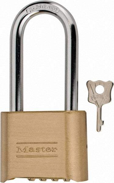 Master Lock - 2" Body Width, 2-1/4" Shackle Clearance, Solid Brass Combination Lock - 5/16" Shackle Diam, 1" Shackle Width - Exact Industrial Supply