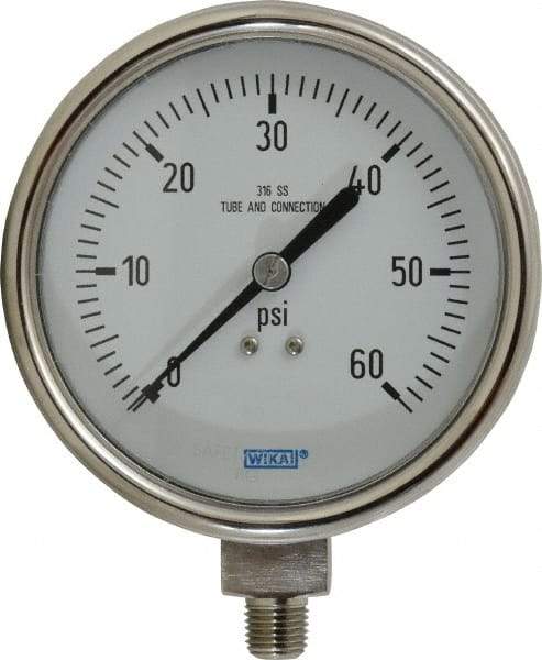 Wika - 4" Dial, 1/4 Thread, 0-60 Scale Range, Pressure Gauge - Lower Connection Mount, Accurate to 1% of Scale - Exact Industrial Supply