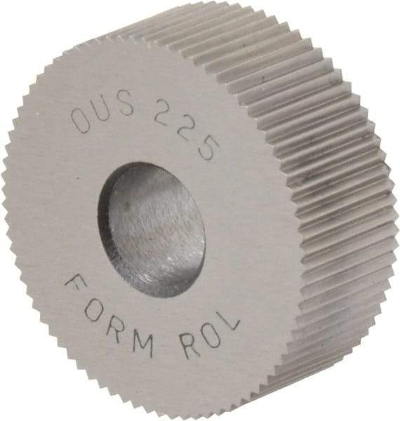 Made in USA - 1" Diam, 90° Tooth Angle, 25 TPI, Standard (Shape), Form Type High Speed Steel Straight Knurl Wheel - 3/8" Face Width, 5/16" Hole, Circular Pitch, Bright Finish, Series OU - Exact Industrial Supply