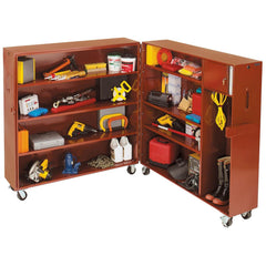 Job Site Tool Storage; Box Type: Tool Storage Cabinet; Overall Weight Capacity: 2500 lb; Locking Mechanism: Padlock; Handle Type: Recessed Side; Mobility: Mobile; Color: Brown; Gauge: 16; Material: Steel; Wheel Diameter: 4 in; Finish: Powder Coated; Featu