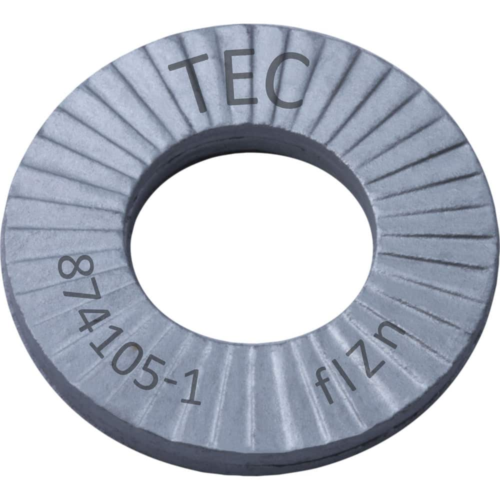 Wedge Lock Washers; Thread Size: 9/16; M14; Material: Steel; Inside Diameter: 0.598 in; Outside Diameter: 1.209 in; Finish: Zinc Plated; Hardness: 465 HV Min; Standards: MIL-STD-1312-7   ISO 9001:2008    ISO TS16949; Thickness: 3.4 in