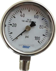 Wika - 2-1/2" Dial, 1/4 Thread, 0-100 Scale Range, Pressure Gauge - Lower Connection Mount, Accurate to 2-1-2% of Scale - Exact Industrial Supply