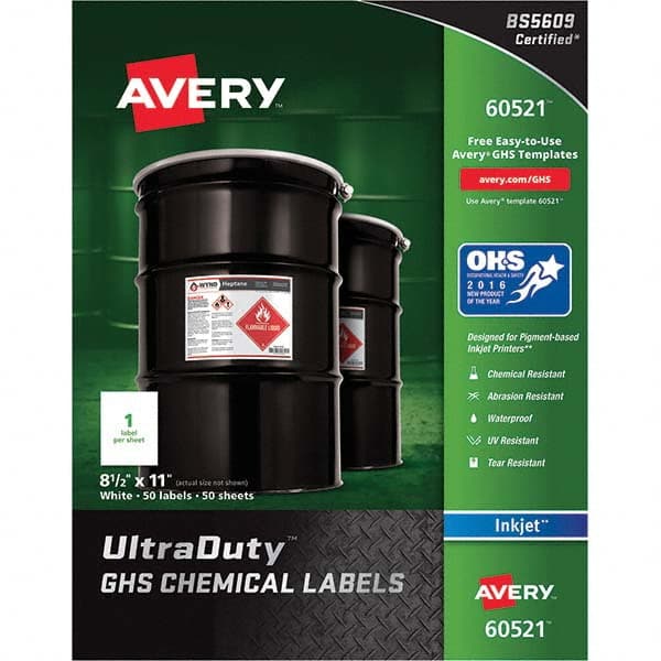 AVERY - Pack of (50), 8-1/2" x 11" White Synthetic Film ID Labels - Exact Industrial Supply