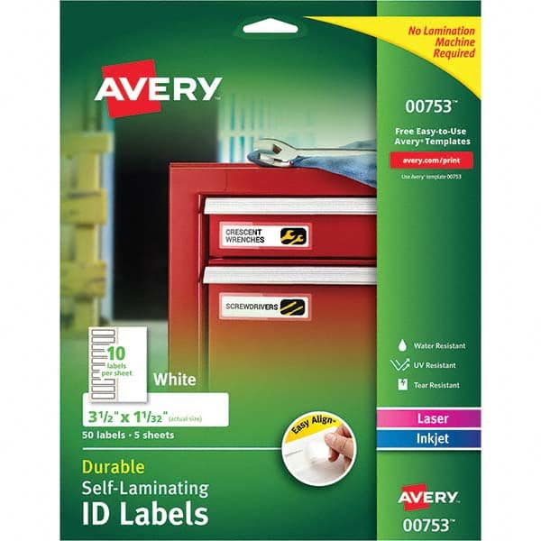 AVERY - Pack of (50), 1-1/32" x 3-1/2" White Paper Self Laminating Labels - Exact Industrial Supply