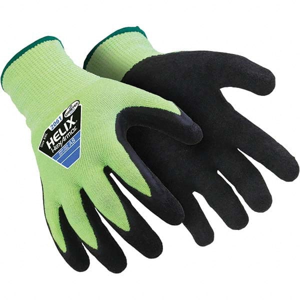 Cut & Puncture-Resistant Gloves: Size 2XS, ANSI Cut A8, ANSI Puncture 5, Rubber Latex, HPPE Black & Yellow, 10″ OAL, Palm & Fingertips Coated, Coretex Lined, HPPE Back, Single Dipped Grip