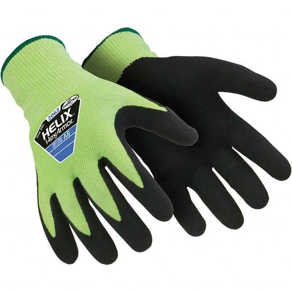 Cut & Puncture-Resistant Gloves: Size L, ANSI Cut A9, ANSI Puncture 5, Nitrile, HPPE Black & Yellow, 10″ OAL, Palm & Fingertips Coated, Coretex Lined, HPPE Back, Nitrile Dipped Grip