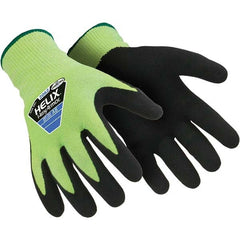 Cut & Puncture-Resistant Gloves: Size 2XL, ANSI Cut A9, ANSI Puncture 5, Nitrile, HPPE Black & Yellow, 10″ OAL, Palm & Fingertips Coated, Coretex Lined, HPPE Back, Nitrile Dipped Grip