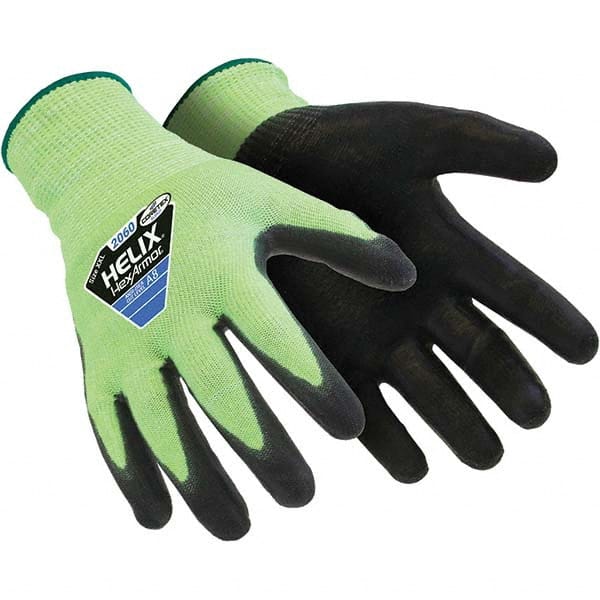 Cut & Puncture-Resistant Gloves: Size XL, ANSI Cut A9, ANSI Puncture 5, Polyurethane, HPPE Black & Yellow, 10″ OAL, Palm & Fingertips Coated, Coretex Lined, HPPE Back, Polyurethane Grip