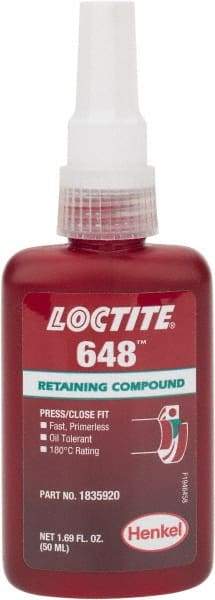 Loctite - 50 mL Bottle, Green, High Strength Liquid Retaining Compound - Series 648, 24 hr Full Cure Time, Heat Removal - Exact Industrial Supply