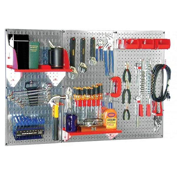 Wall Control - 48" Wide x 32" High Peg Board Kit - 3 Panels, Galvanized Steel, Galvanized/Red - Exact Industrial Supply