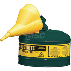 Justrite - Safety Dispensing Cans; Capacity: 2.5 Gal ; Material: Steel ; Color: Green ; Height (Decimal Inch): 11.500000 ; Diameter/Length (mm): 11.75 ; Approval Listing/Regulations: FM Approved; UL; ULC; TUV - Exact Industrial Supply