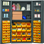 36"W - 14 Gauge - Lockable Cabinet - With 64 Yellow Hook-on Bins - 2 Adjustable Shelves - 6 Door Shelves - Deep Door Style - Gray - Exact Industrial Supply
