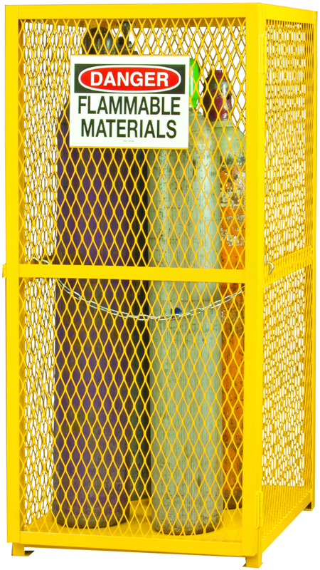 30" W - All welded - Angle Iron Frame with Mesh Side - Vertical Gas Cylinder Cabinet - Magnet Door - Safety Yellow - Exact Industrial Supply