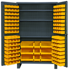 48"W - 14 Gauge - Lockable Cabinet - With 137 Yellow Hook-on Bins - 3 Adjustable Shelves - Flush Door Style - Gray - Exact Industrial Supply