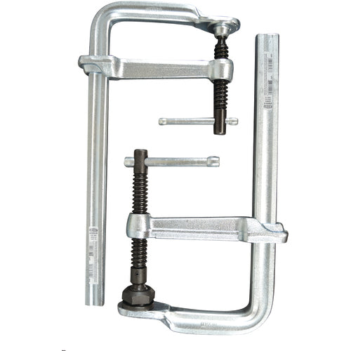 Economy L Clamp - 4″ Capacity–3 1/8″ Throat Depth - Standard Pad - Profiled Rail, Spatter resistant spindle - Exact Industrial Supply