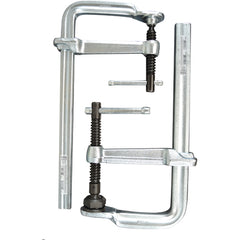 Economy L Clamp - 4″ Capacity–3 1/8″ Throat Depth - Standard Pad - Profiled Rail, Spatter resistant spindle - Exact Industrial Supply