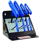 10 Piece - 3/32 - 3/8" T-Handle Style - 9'' Arm- Hex Key Set with Plain Grip in Stand - Exact Industrial Supply