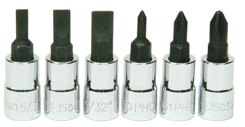 6 Piece - #9309068 - #0; #1; #2 Phillips; 5/32; 7/32; 9/32" Slotted - 1/4" Drive - Socket Drive Hex Bit Set - Exact Industrial Supply