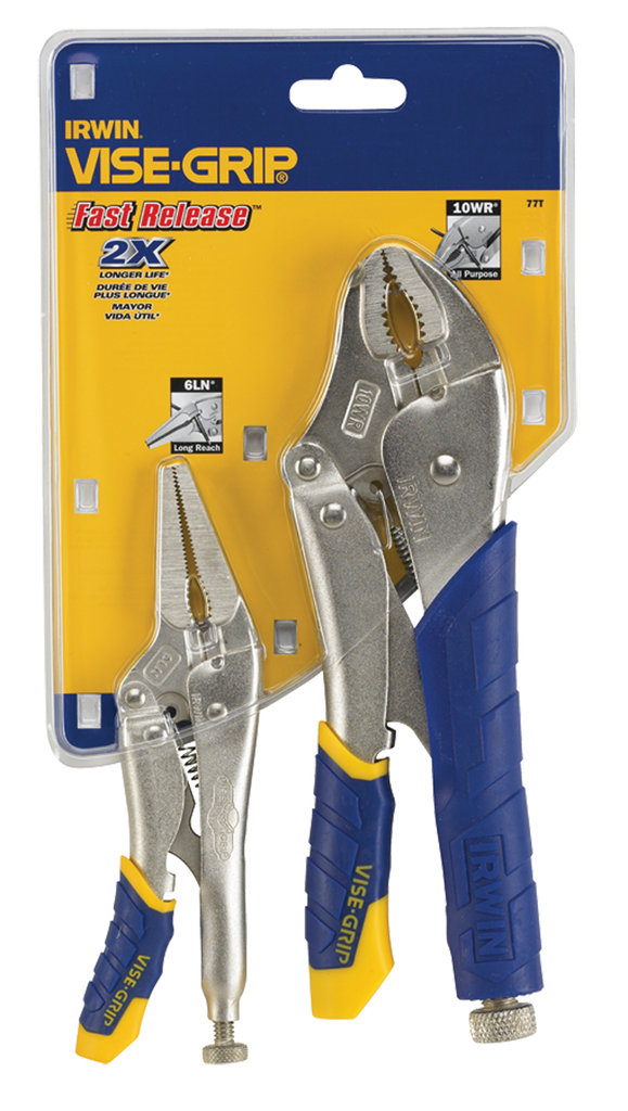 Fast Release Curved Jaw Locking Pliers Set -- 2 Pieces -- Includes: 10" Curved Jaw & 6" Long Nose - Exact Industrial Supply