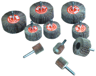 10 piece - 1/4 Shank - 1 each 3 x 1"; 2 x 1" & 1 x 1" - 60; 80; 120 Grit - Mounted Flap Wheel Test Kit - Exact Industrial Supply