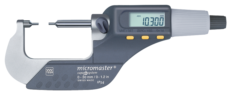 0 - 1.2" / 0 - 30mm Measuring Range - .00005/.001mm Resolution - Friction Thimble - Carbide Face - Electronic Spline Micrometer - Exact Industrial Supply