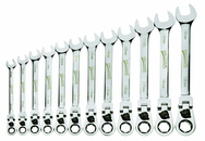 12 Piece - 12 Pt Ratcheting Flex-Head Combination Wrench Set - High Polish Chrome Finish - Metric 8mm - 19mm - Exact Industrial Supply